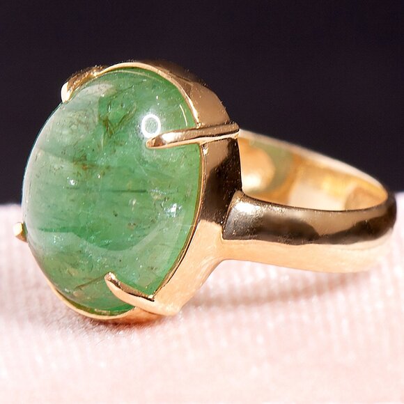 18K Gold Natural Green Emerald Cabochon Ring SZ 7.5 – Vintage Statement Gemstone - Picture 2 of 6